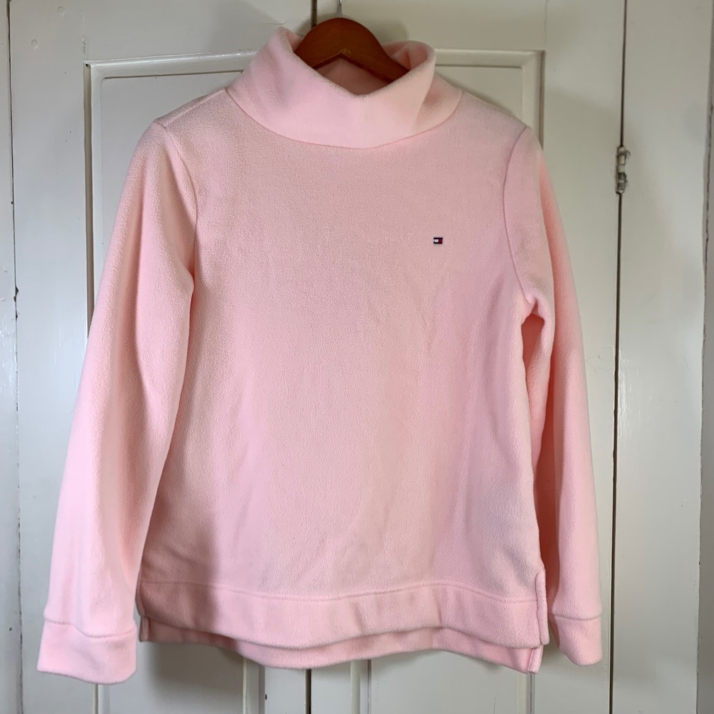 Tommy Hilfiger Women M Pastel Pink Fleece Mock Neck Pullover Sweater Logo Preppy